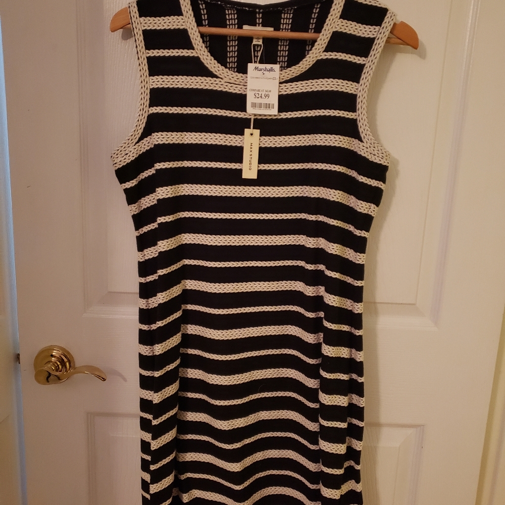 Max Studio, Black with White Embroidered Stripes, Dress, Size Large, Never Worn